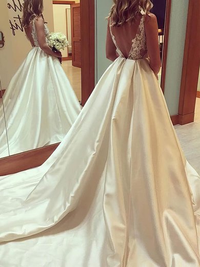 Ball Gown/Princess Illusion Satin Sweep Train Wedding Dresses With Appliques Lace #Milly00022984