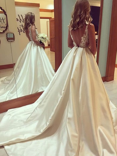 Ball Gown Illusion Satin Sweep Train Wedding Dresses With Appliques Lace #Milly00022984