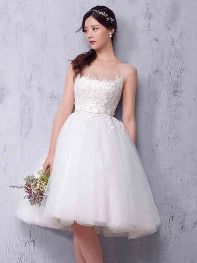 Ball Gown/Princess Scoop Neck Tulle Knee-length with Sashes / Ribbons Wedding Dresses #Milly00022987