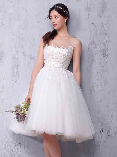 Princess Scoop Neck Tulle Knee-length with Sashes / Ribbons Wedding Dresses #Milly00022987