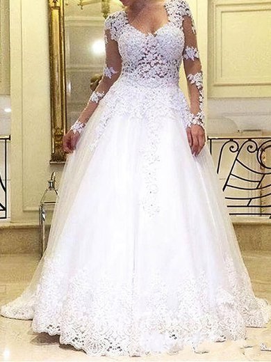 Ball Gown/Princess V-neck Tulle Sweep Train Wedding Dresses With Appliques Lace #Milly00022993