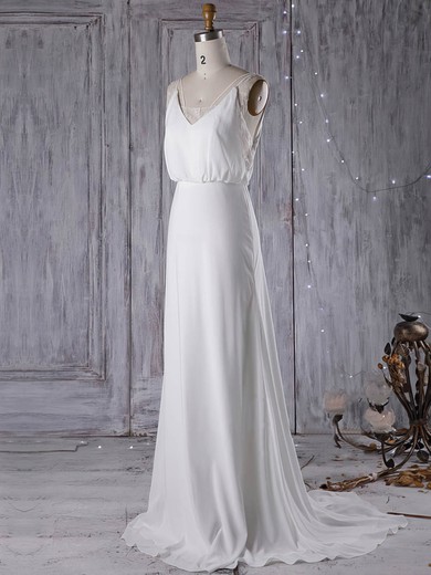 Sheath/Column V-neck Chiffon Sweep Train Wedding Dresses With Lace #Milly00023000