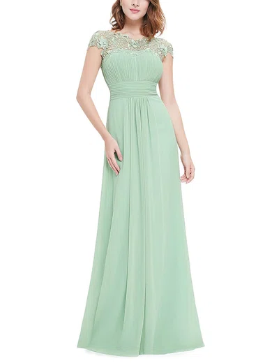 A-line Scoop Neck Lace Chiffon Floor-length with Pleats Bridesmaid Dresses #Milly01013435