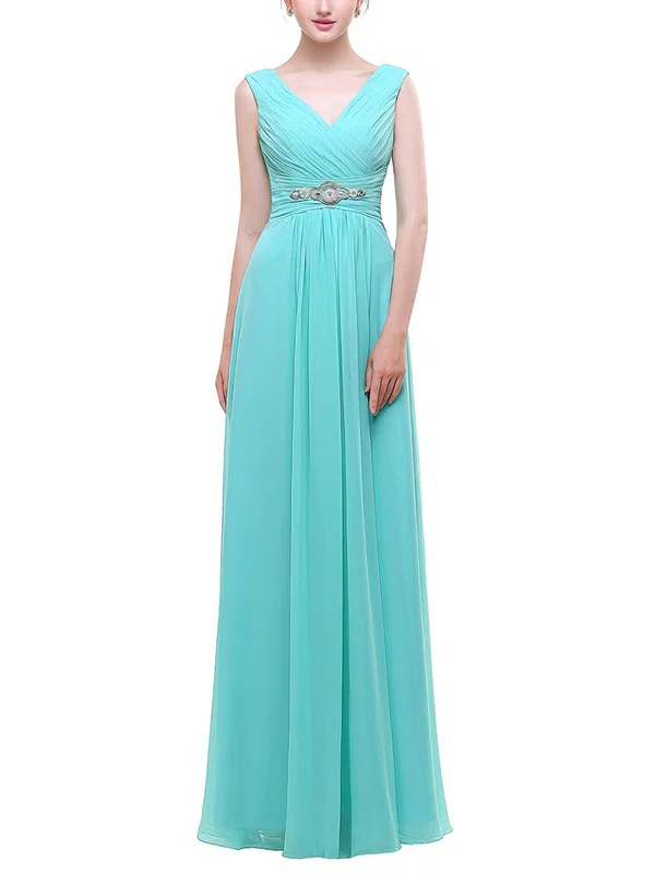 A-line V-neck Chiffon Floor-length with Beading Bridesmaid Dresses #Milly01013440
