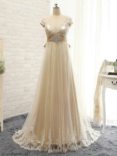 Empire V-neck Tulle Sweep Train with Appliques Lace Bridesmaid Dresses #Milly01013397