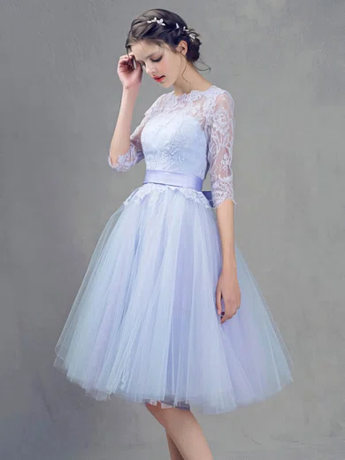 Light blue knee shop length bridesmaid dresses