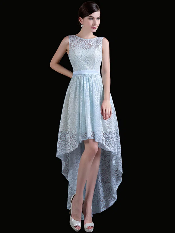 A-line Scoop Neck Lace Asymmetrical with Sashes / Ribbons Bridesmaid Dresses #Milly01013411