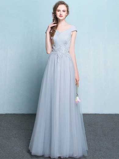 A-line V-neck Tulle Floor-length with Appliques Lace Bridesmaid Dresses #Milly01013425