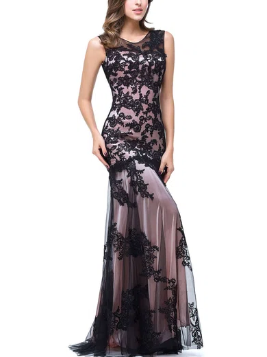 Trumpet/Mermaid Scoop Neck Tulle Sweep Train Appliques Lace Prom Dresses #Milly020104144