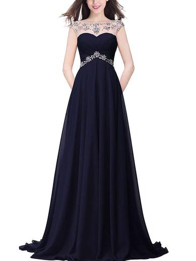 A-line Scoop Neck Chiffon Sweep Train Beading Prom Dresses #Milly020104145