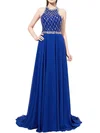 A-line Scoop Neck Chiffon Sweep Train Beading Prom Dresses #Milly020104147