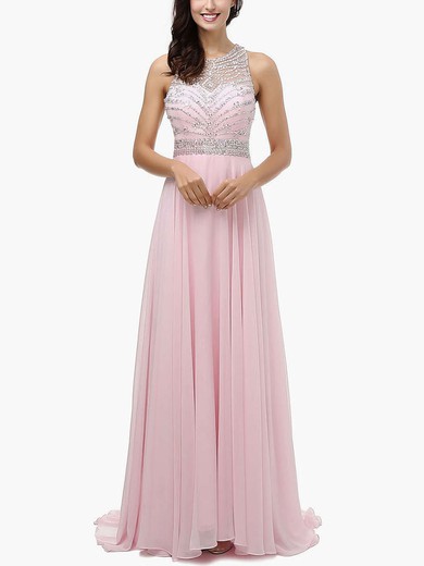 A-line Scoop Neck Chiffon Sweep Train Beading Prom Dresses #Milly020104148