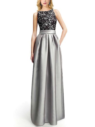 A-line Scoop Neck Satin Floor-length Appliques Lace Prom Dresses #Milly020104152