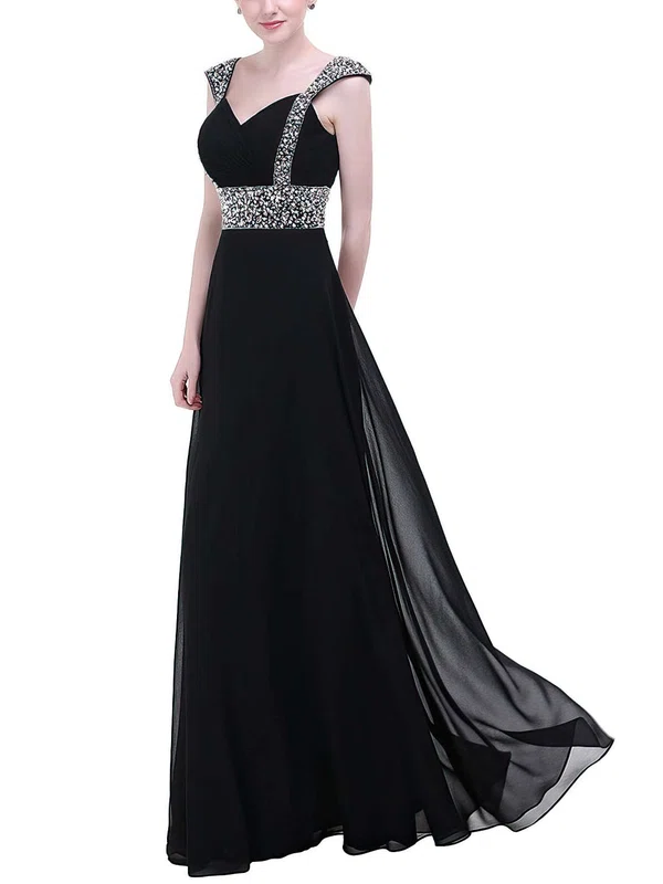 A-line V-neck Chiffon Floor-length Beading Prom Dresses #Milly020104155