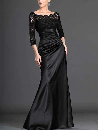 Sheath/Column Scalloped Neck Lace Satin Floor-length Ruffles Prom Dresses #Milly020104158