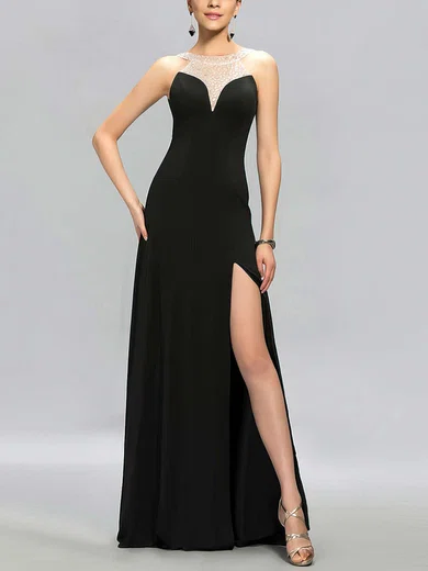 Sheath/Column Scoop Neck Chiffon Floor-length Beading Prom Dresses #Milly020104189