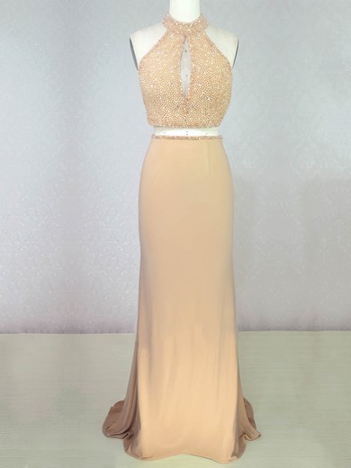 Trumpet/Mermaid Halter Jersey Sweep Train Crystal Detailing Prom Dresses #Milly020104216