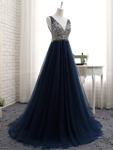 Princess V-neck Tulle Sweep Train Crystal Detailing Prom Dresses #Milly020104226