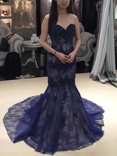 Trumpet/Mermaid Sweetheart Lace Sweep Train with Beading Prom Dresses #Milly020104248