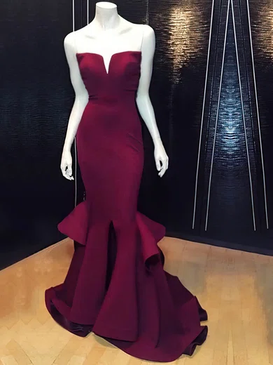 Burgundy Mermaid Strapless Satin Prom Dresses With Ruffle #Milly020104250