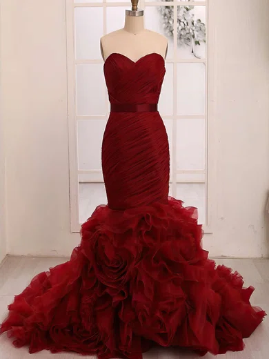 Mermaid Strapless Tulle Ruffle Tiered Prom Dresses #Milly020104342