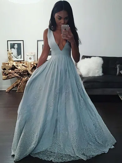Ball Gown V-neck Floor-length Tulle Prom Dresses With Appliques #Milly020104343