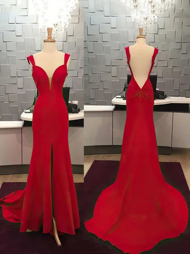 Red Mermaid V-neck Backless Satin Prom Dresses With Ruched #Milly020104348