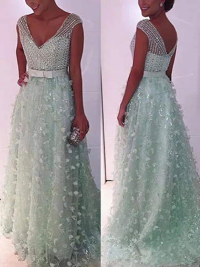A-line V-neck Lace Tulle Sweep Train Beading Prom Dresses #Milly020104353