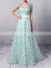 A-line V-neck Lace Tulle Sweep Train Beading Prom Dresses #Milly020104353