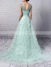 A-line V-neck Lace Tulle Sweep Train Beading Prom Dresses #Milly020104353