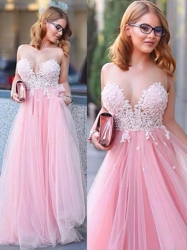 Princess Scoop Neck Tulle Floor-length Appliques Lace Prom Dresses #Milly020104370