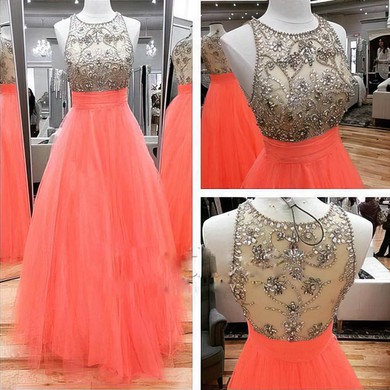 Ball Gown Scoop Neck Tulle Floor-length with Beading Prom Dresses #Milly020104379