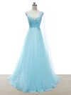 Princess V-neck Tulle Sweep Train Beading Prom Dresses #Milly020104385