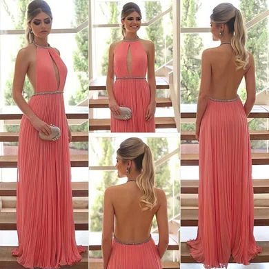 A-line Halter Chiffon Floor-length Beading Prom Dresses #Milly020104388