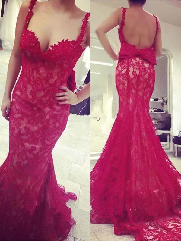 Trumpet/Mermaid V-neck Lace Sweep Train with Beading Prom Dresses #Milly020104395