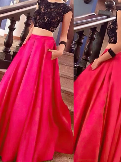 Ball Gown Illusion Satin Two Piece Prom Dresses With Appliques #Milly020104397
