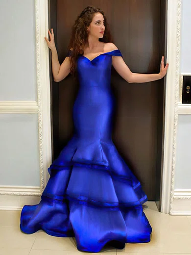 Trumpet/Mermaid Off-the-shoulder Satin Floor-length Tiered Prom Dresses #Milly020104417