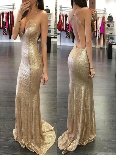 Sheath/Column V-neck Sequined Sweep Train Prom Dresses #Milly020104423