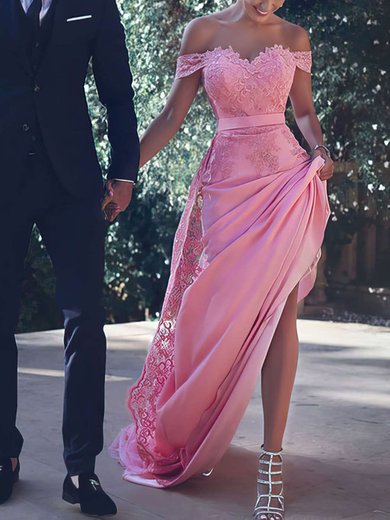 Sheath/Column Off-the-shoulder Silk-like Satin Sweep Train Appliques Lace Prom Dresses #Milly020104429