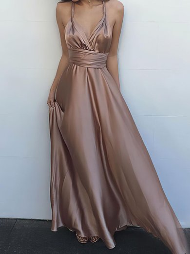 A-line Floor-length V-neck Silk-like Satin Ruffles Prom Dresses #Milly020104433