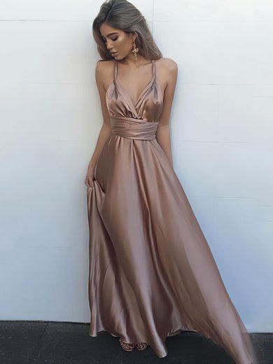 A-line Floor-length V-neck Silk-like Satin Ruffles Prom Dresses #Milly020104433