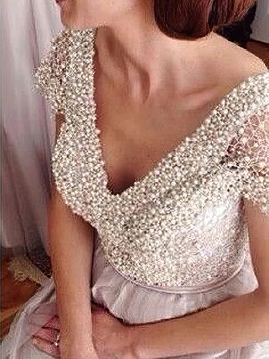 A-line V-neck Backless Tulle Prom Dresses With Beading #Milly020104442