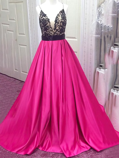 Ball Gown V-neck Satin Sweep Train Beading Prom Dresses #Milly020104445