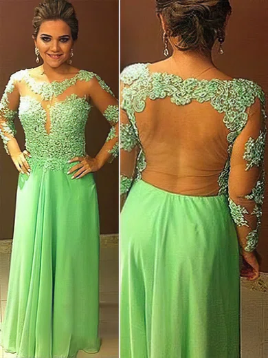 A-line Scoop Neck Chiffon Tulle Floor-length Appliques Lace Prom Dresses #Milly020104448