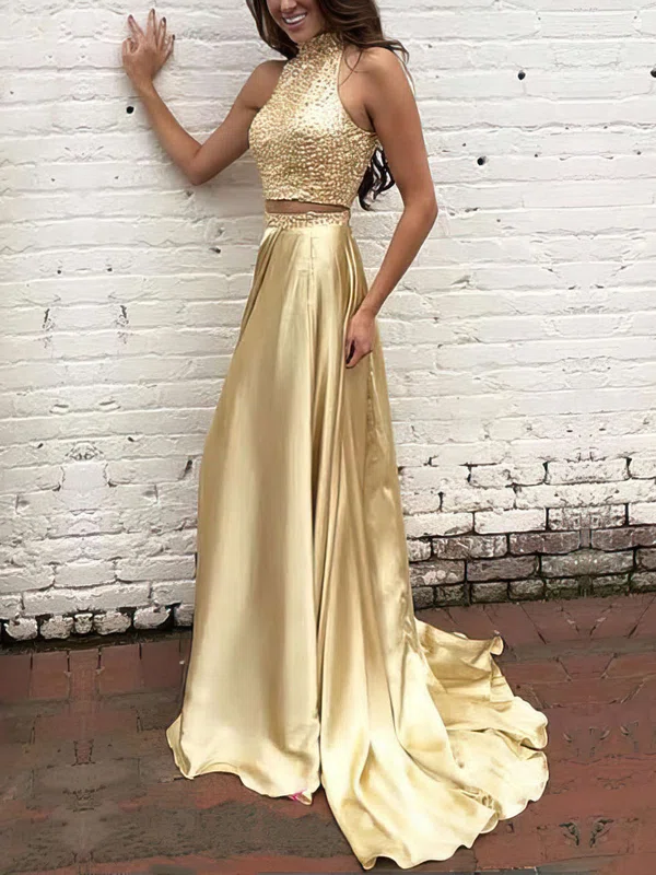 A-line High Neck Silk-like Satin Sweep Train Beading Prom Dresses #Milly020104449