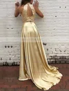 A-line High Neck Silk-like Satin Sweep Train Beading Prom Dresses #Milly020104449