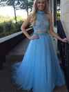 Princess High Neck Lace Tulle Sweep Train Beading Prom Dresses #Milly020104453