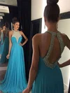 A-line Scoop Neck Chiffon Sweep Train Beading Prom Dresses #Milly020104454