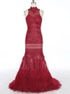 Trumpet/Mermaid High Neck Tulle Feather Sweep Train Appliques Lace Prom Dresses #Milly020104461