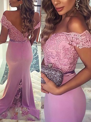 Trumpet/Mermaid Off-the-shoulder Jersey Sweep Train Appliques Lace Prom Dresses #Milly020104517